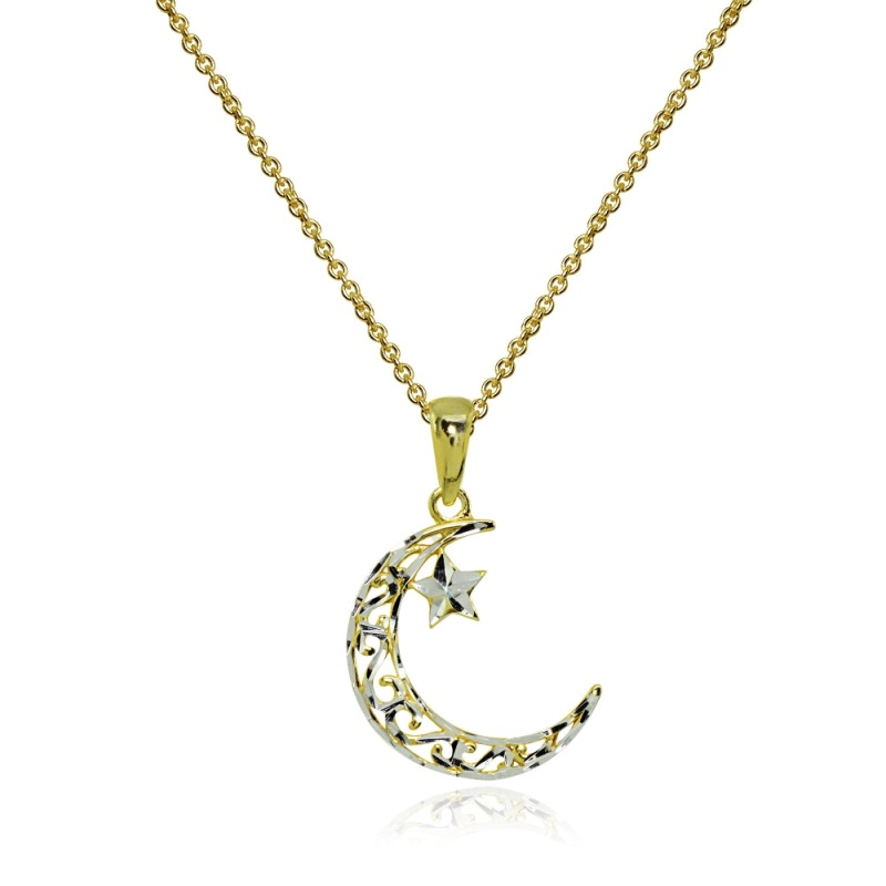 Two-Tone Yellow Gold Flashed Sterling Silver Polished Crescent Moon And Star Celestial Pendant Necklace