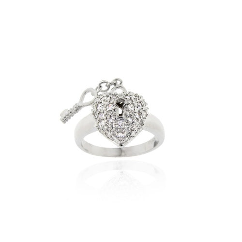 Sterling Silver Cz Filigree Heart & Key Ring - 9