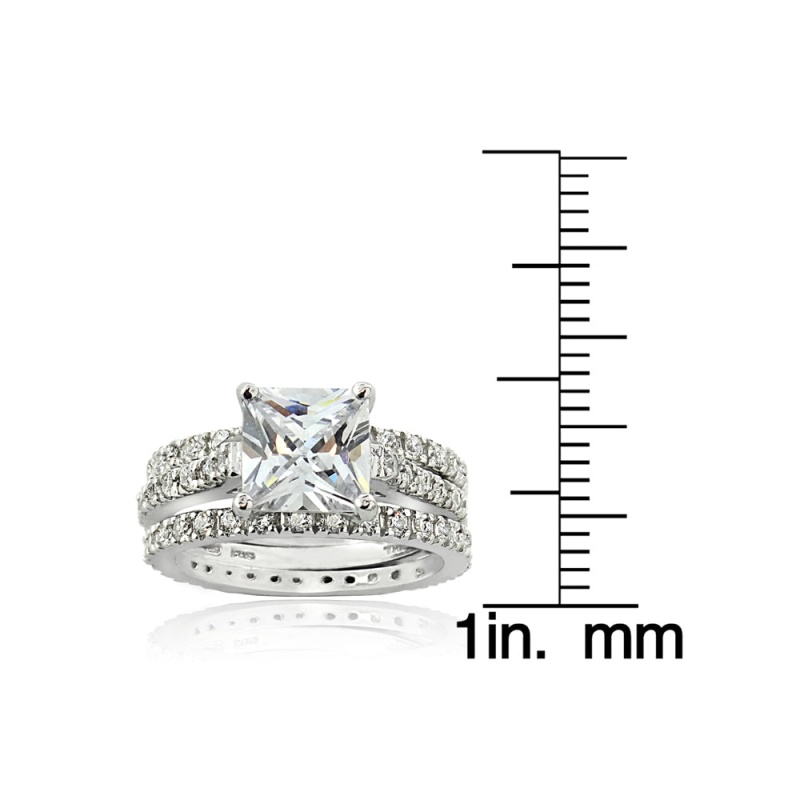 Sterling Silver Square Cz Wedding Engagement Ring Set - 9