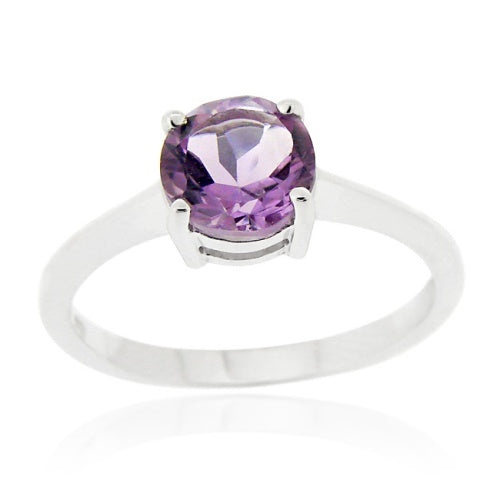 Sterling Silver Amethyst Solitaire Round Ring - 8