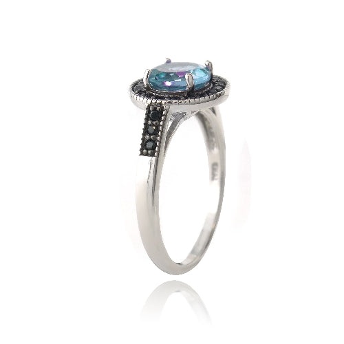Sterling Silver 1.Ct Blue Topaz & Black Spinel Round Ring