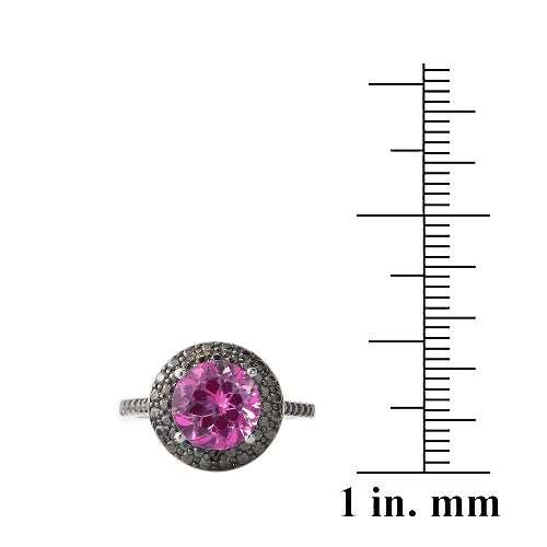 Sterling Silver 2.2Ct Created Pink Sapphire & Black Diamond Accent Round Ring