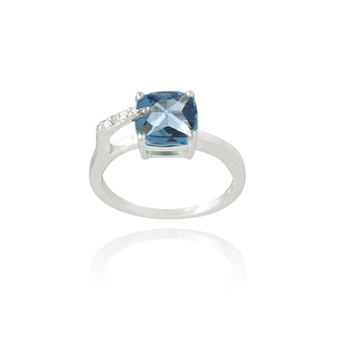 Sterling Silver 3.3Ct London Blue Topaz & Diamond Accent Cushion Cut Curve Ring