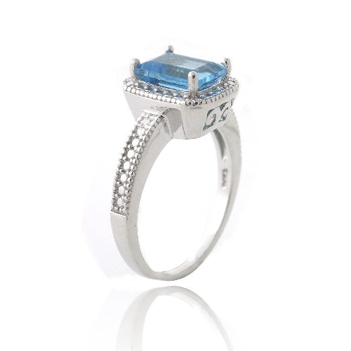 Sterling Silver 1.Ct London Blue Topaz & Diamond Accent Rectangle Ring