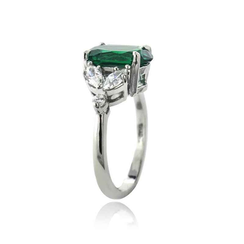 Sterling Silver Created Emerald & Cz Marquise Oval Ring