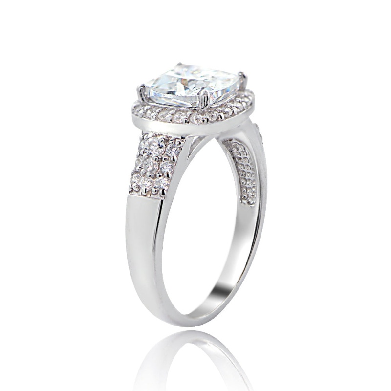 Sterling Silver Cz Square Halo & Three Row Band Ring