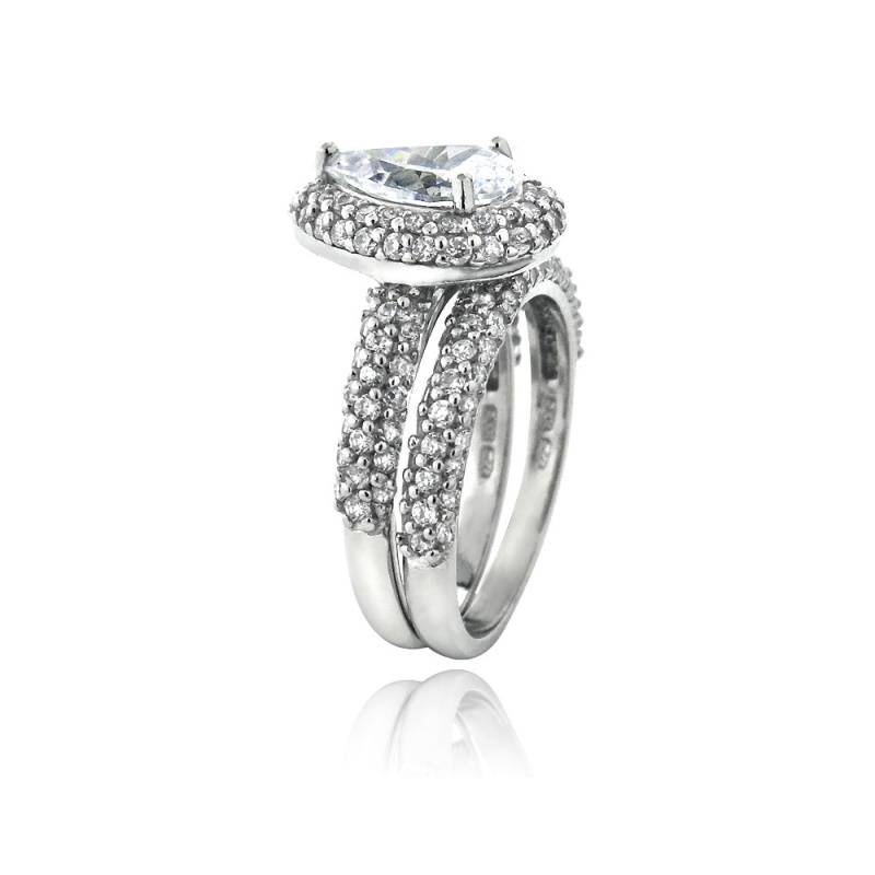 Sterling Silver Cz Pear & Cz Half-Eternity Band Ring Set - 6