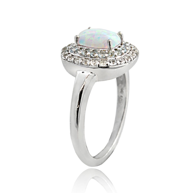 Sterling Silver Created Opal With Blue & White Topaz Oval Ring