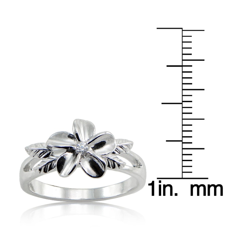 Sterting Silver Cubic Zirconia Maile Leaf Hawaiian Flower Band Ring, - 6