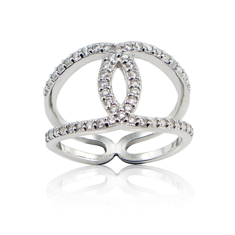 Sterling Silver Cubic Zirconia Interlocking Horseshoe Band Ring, - 6