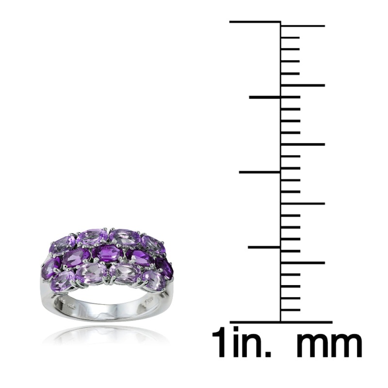 Sterling Silver African Amethyst And Amethyst 3-Row Ring
