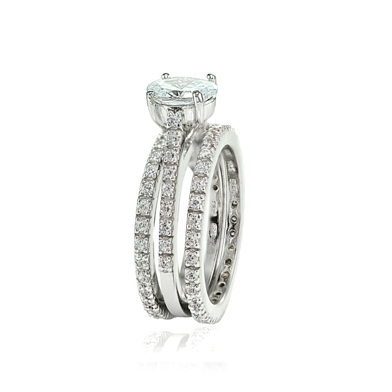 Sterling Silver 3Ct Tgw Oval Cubic Zirconia Bridal Wedding Band Ring Set
