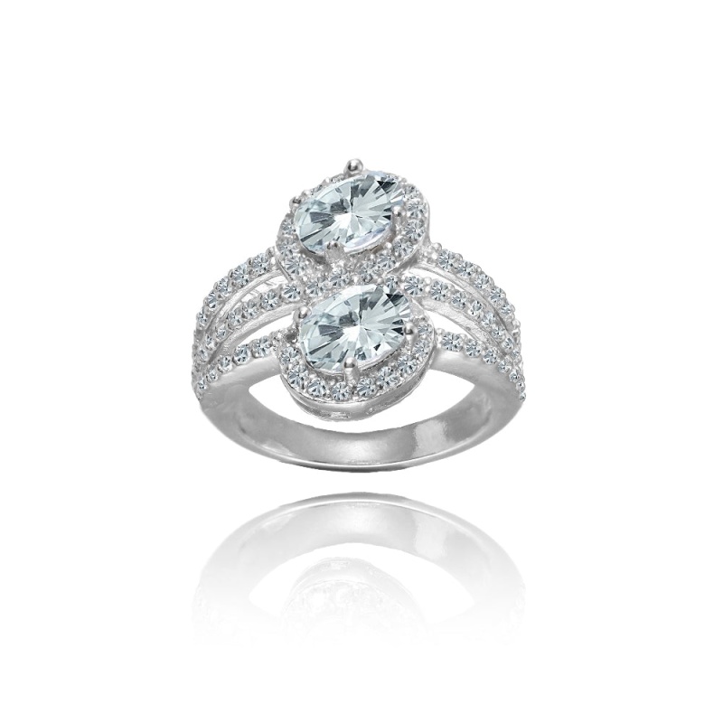 Sterling Silver Aquamarine And White Topaz Oval Halo Friendship Ring