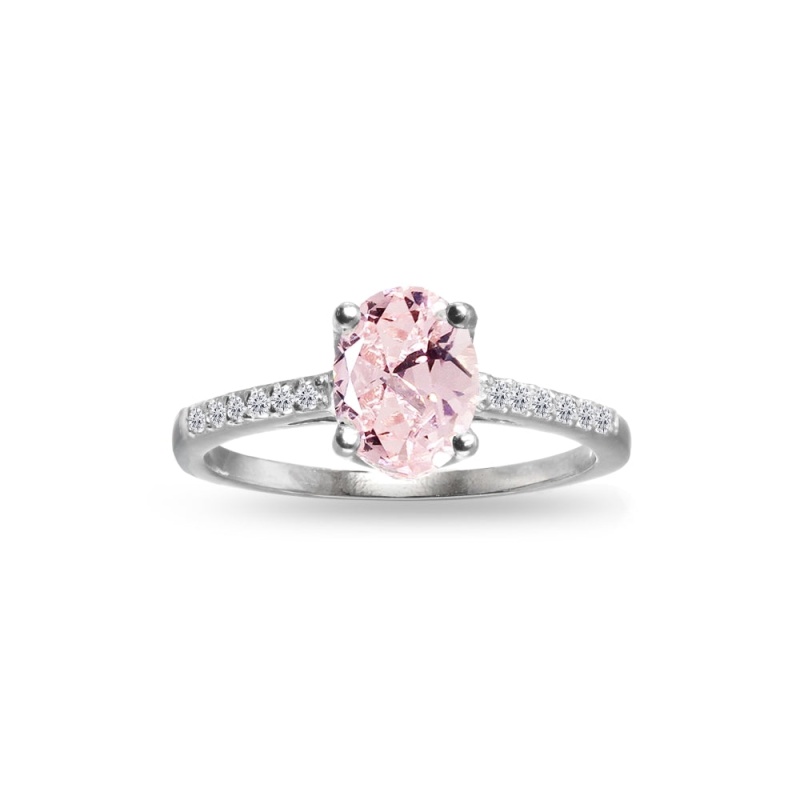 Sterling Silver Created Morganite And White Topaz Oval Crown Ring