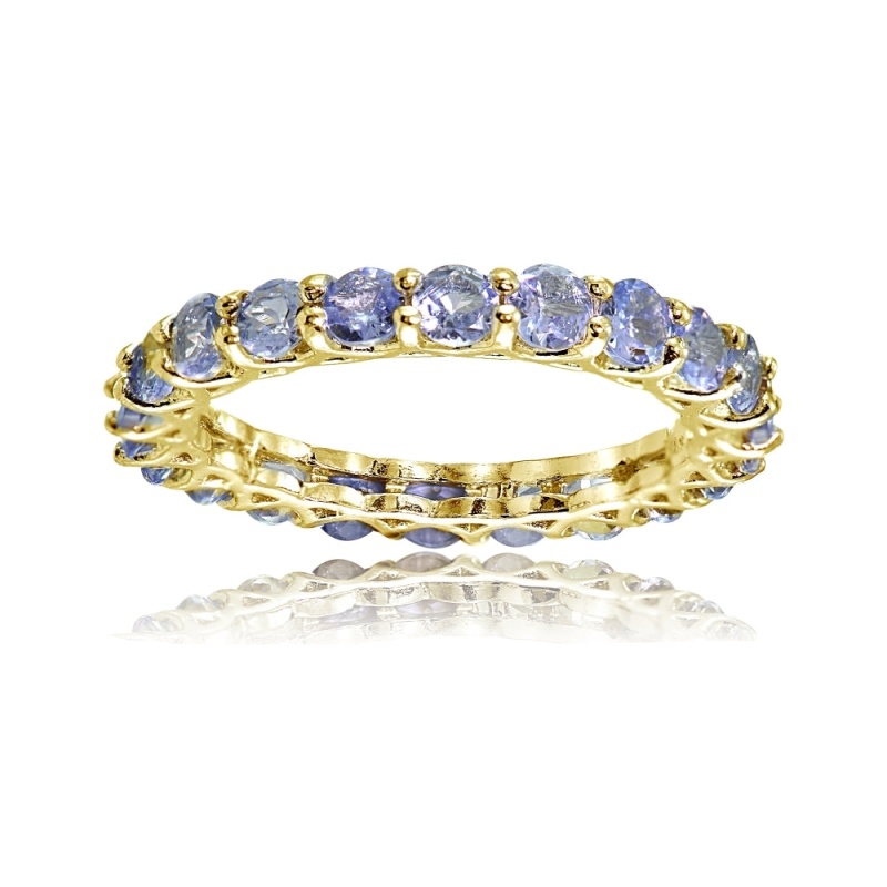 Yellow Gold Flashed Sterling Silver Tanzanite 3Mm Round-Cut Eternity Band Ring