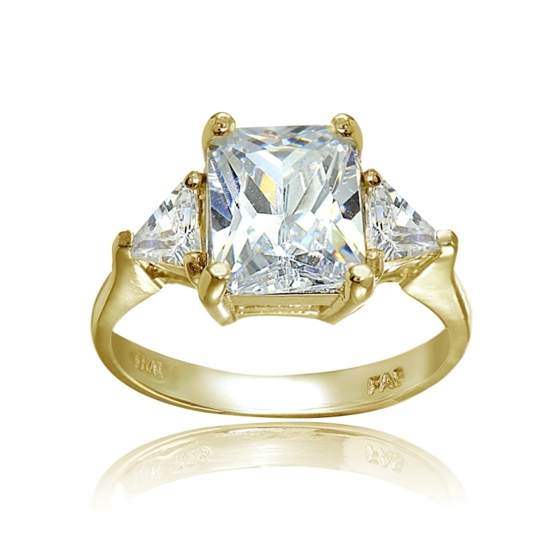 Yellow Gold Flashed Sterling Silver Cz Trillion And Emerald-Cut Engagement Ring