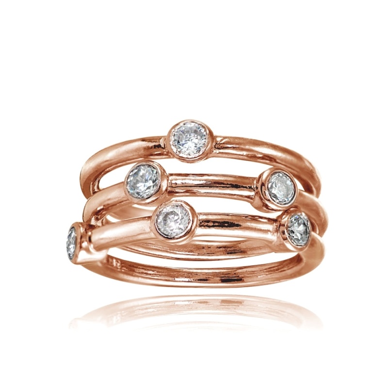 Rose Gold Flashed Sterling Silver Cubic Zirconia Set Of 3 Stackable Bezel-Set Band Rings