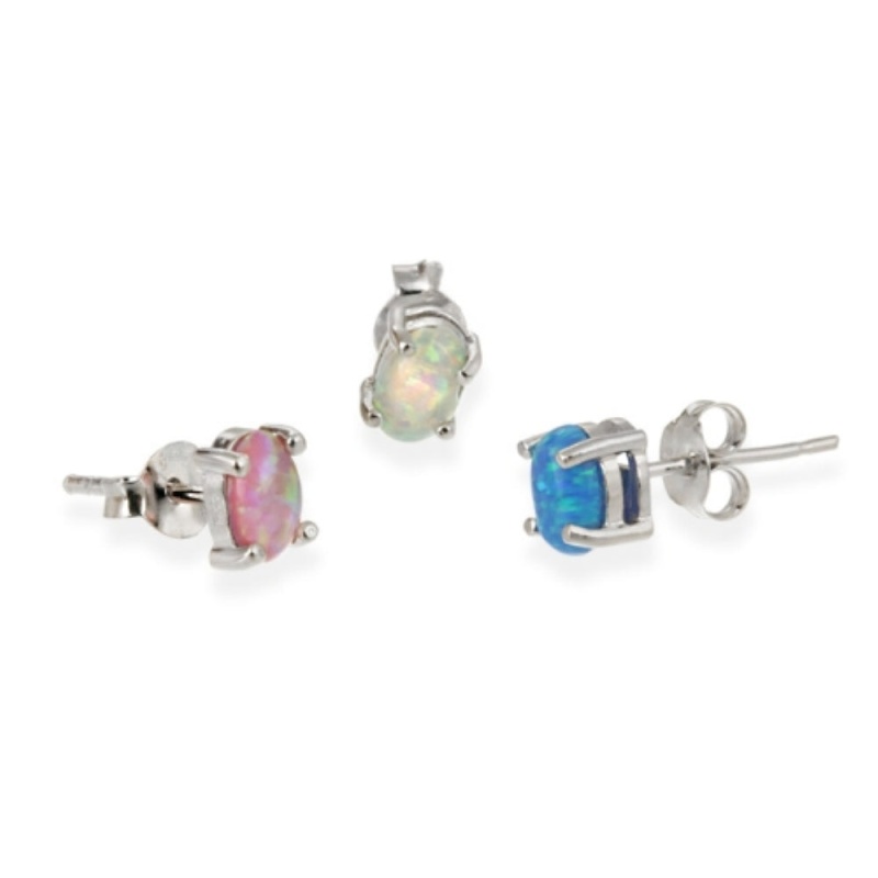 Sterling Silver Pink, Blue, And White Oval Created Opal Stud Earrings Set