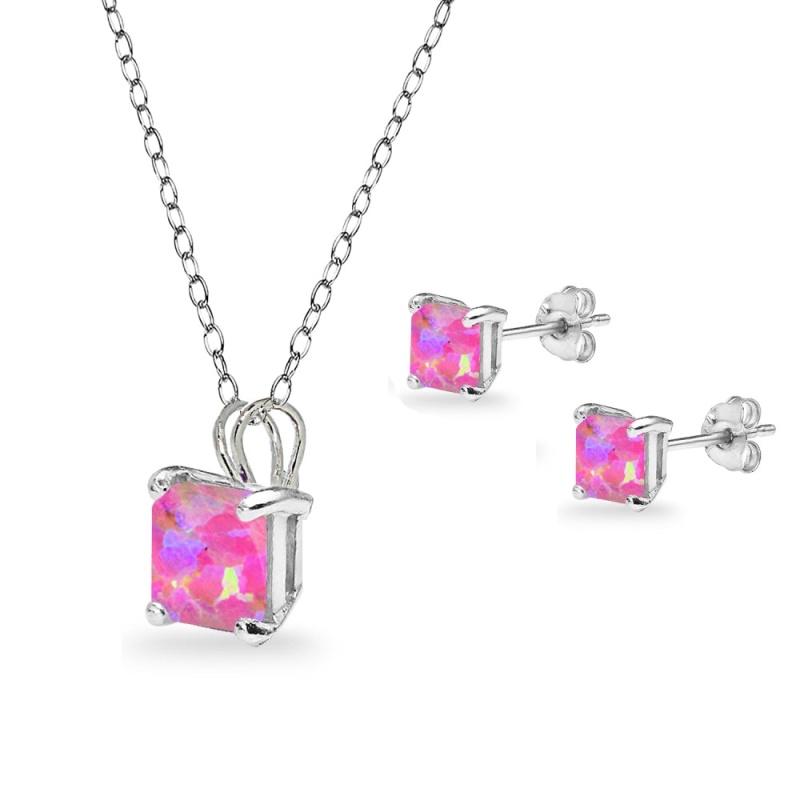 Sterling Silver Created Pink Opal Square Solitaire Necklace And Stud Earrings Set