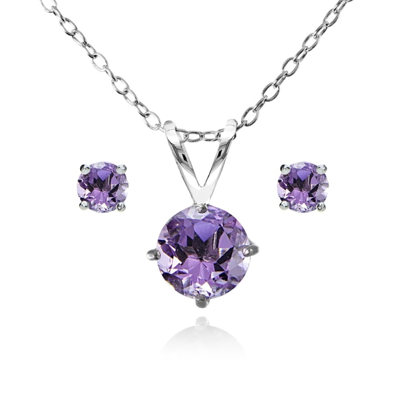 Sterling Silver Amethyst Round Solitaire Necklace And Stud Earrings Set