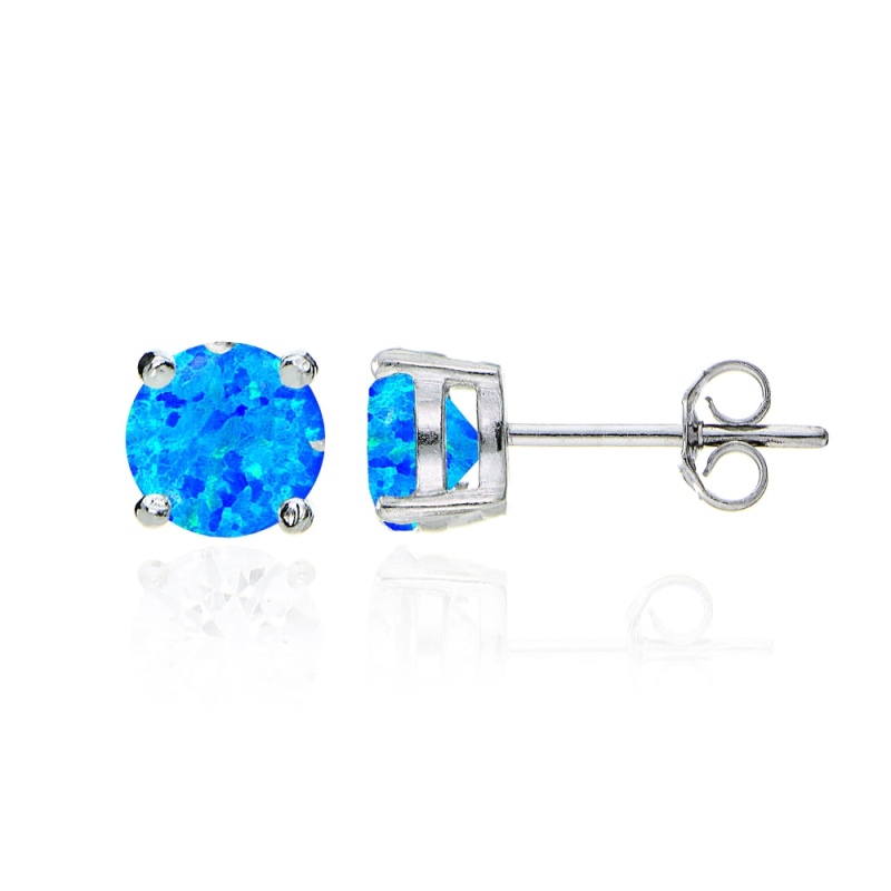 Sterling Silver Created Blue Opal Round Solitaire Necklace And Stud Earrings Set