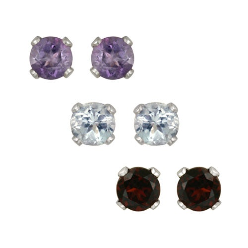 Sterling Silver 3Mm Amethyst, Blue Topaz, Garnet Stud Earrings Set