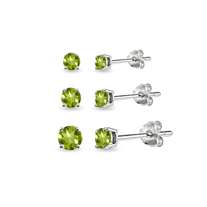 3-Pair Set Sterling Silver Peridot Round Stud Earrings, 3Mm 4Mm 5Mm