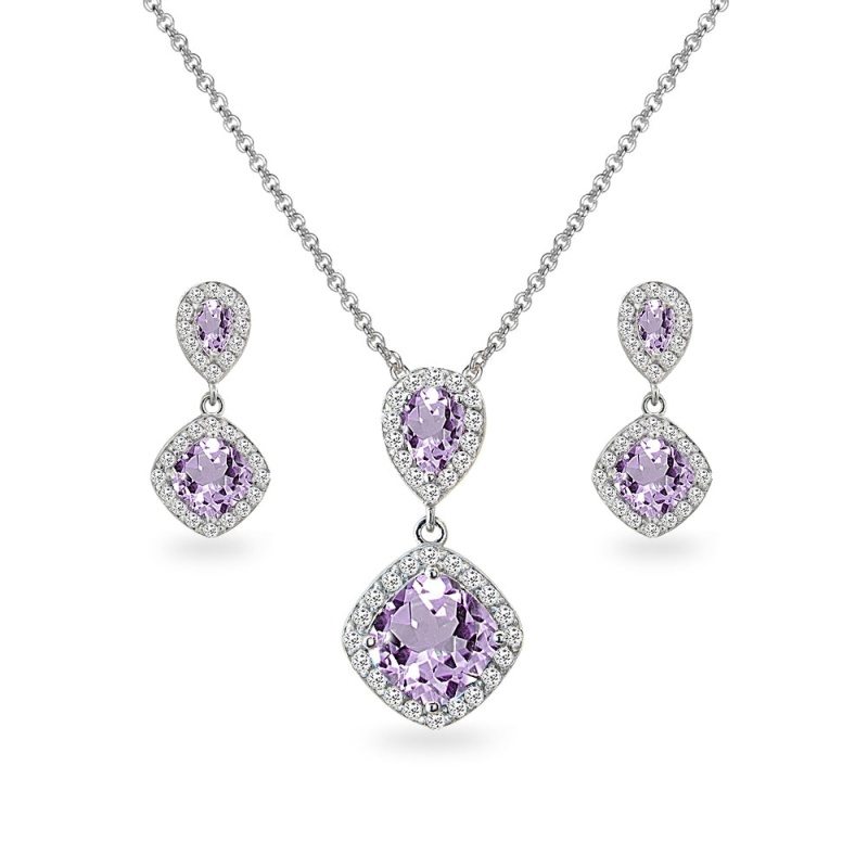 Sterling Silver Amethyst & White Topaz Dangle Earrings & Necklace Set