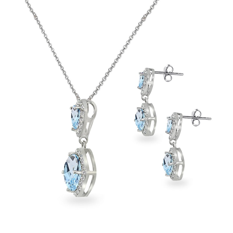 Sterling Silver Blue Topaz & White Topaz Dangle Earrings & Necklace Set
