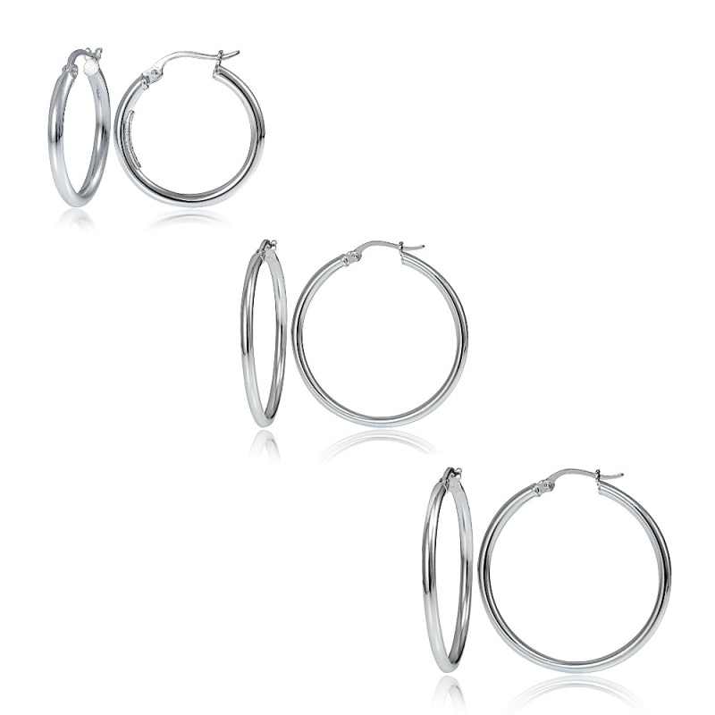 Silverspeck Set of 3 Sterling Silver 2mm Polished Round Hoop Earrings, 20mm, 25mm and 30mm