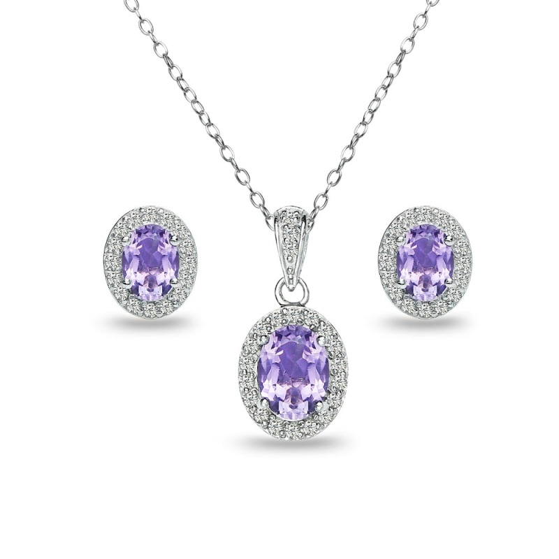 Sterling Silver Amethyst And White Topaz Oval Halo Necklace And Stud Earrings Set