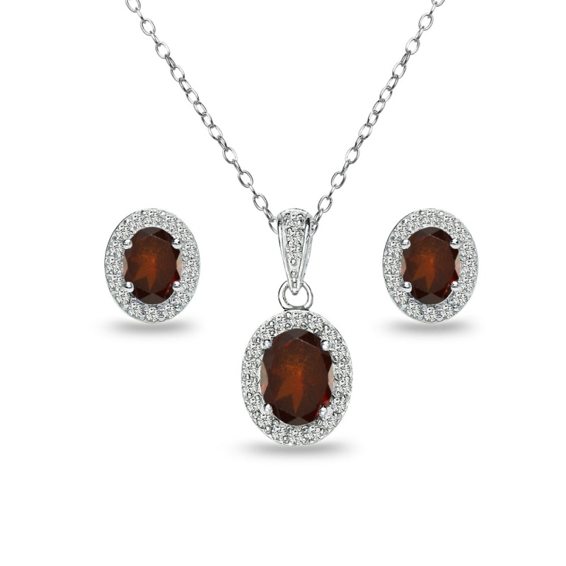 Sterling Silver Garnet And White Topaz Oval Halo Necklace And Stud Earrings Set