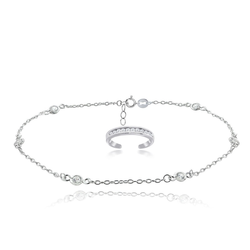 Sterling Silver Cubic Zirconia Anklet And Toe Ring Set