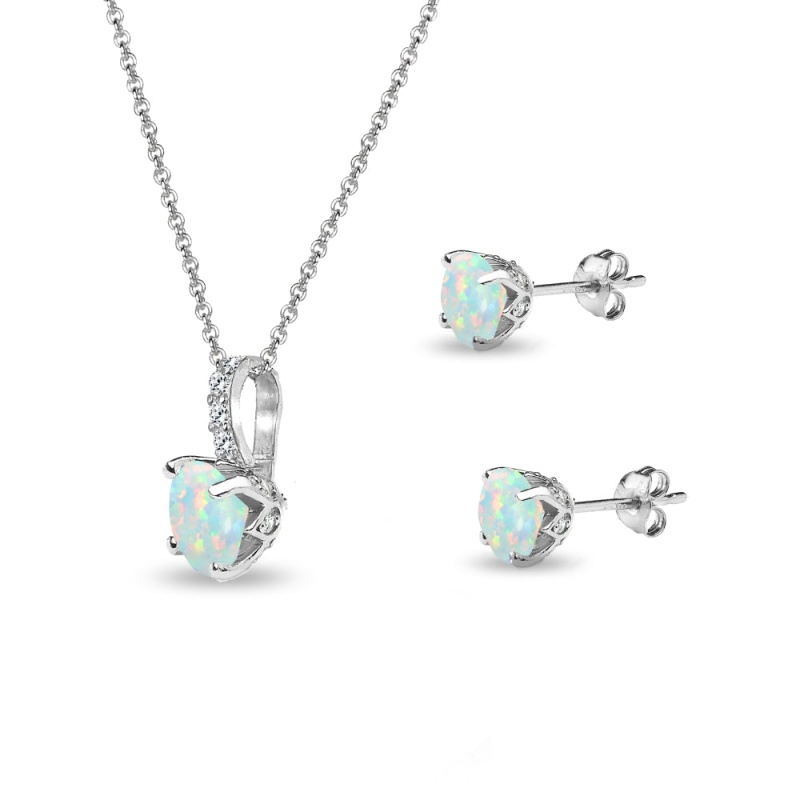 Sterling Silver Created White Opal & White Topaz Round Crown Stud Earrings & Necklace Set