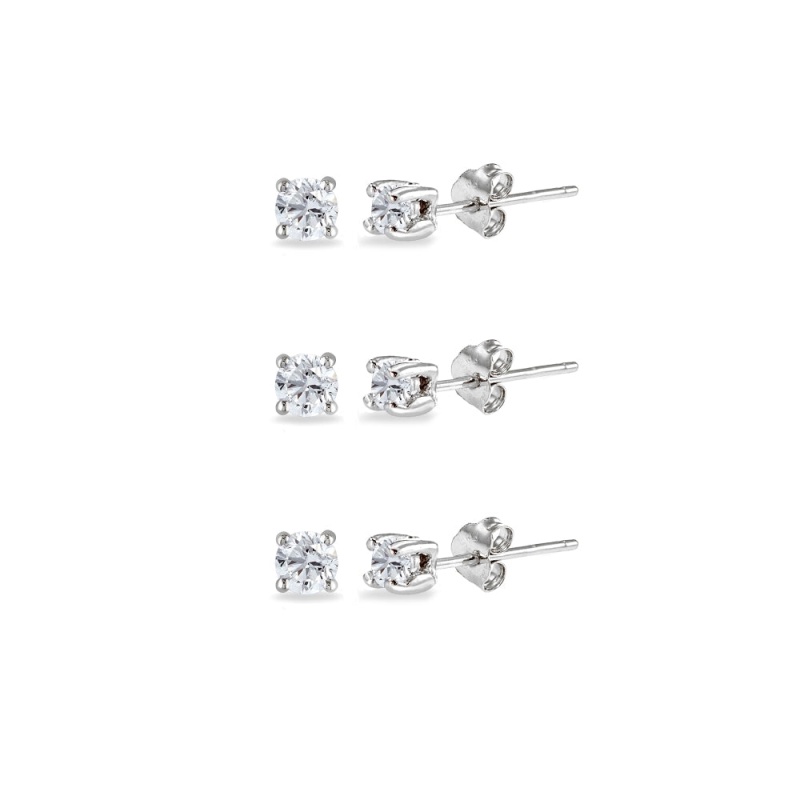 3-Pair Set Sterling Silver White Topaz 2Mm Round Stud Earrings