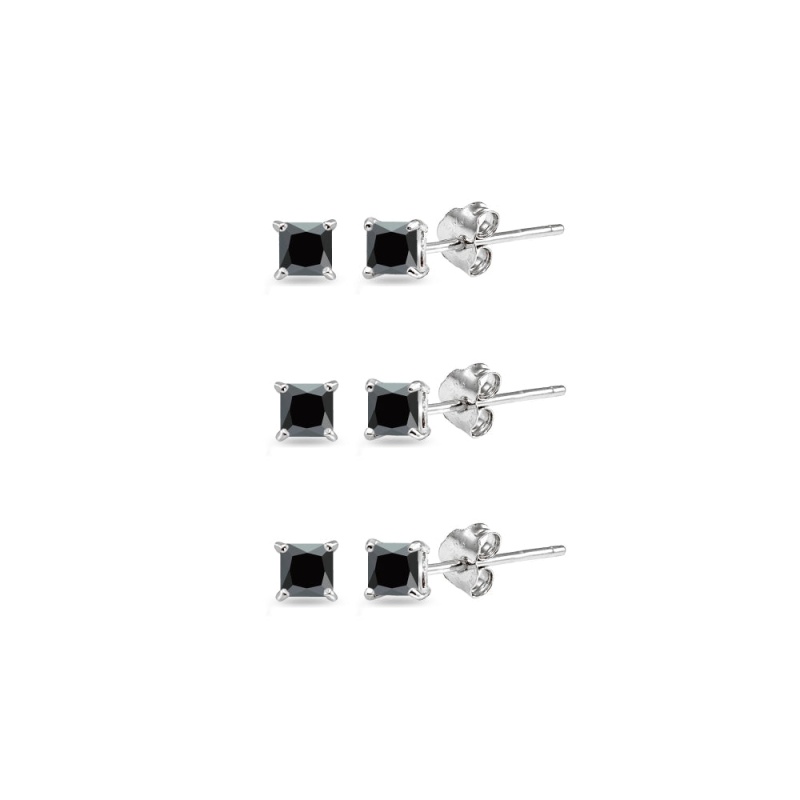 Sterling Silver Black Cubic Zirconia Set Of 3 Princess-Cut Square 2Mm Stud Earrings
