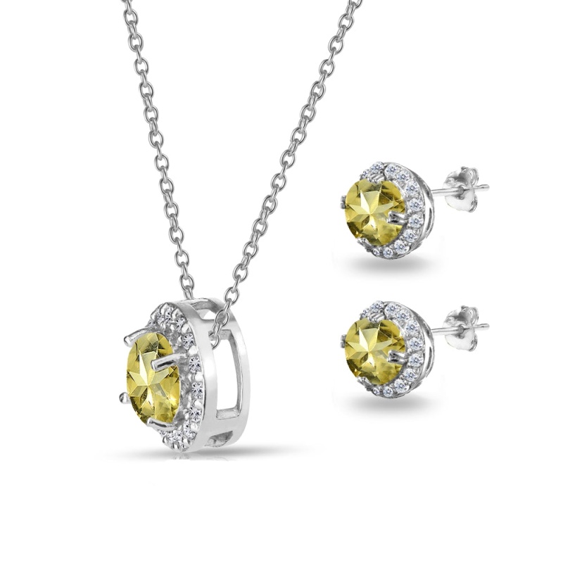 Sterling Silver Citrine And White Topaz Round Halo Necklace And Stud Earrings Set
