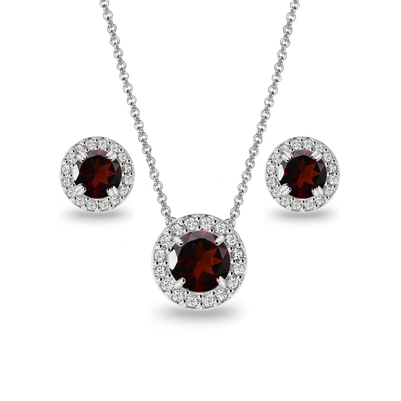 Sterling Silver Garnet And White Topaz Round Halo Necklace And Stud Earrings Set