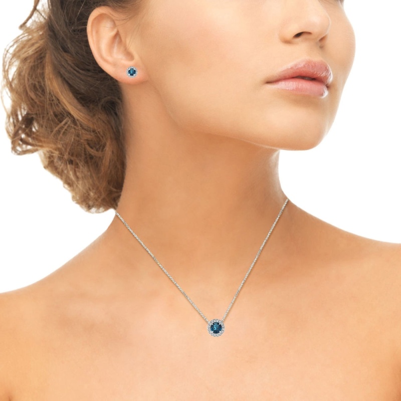 Sterling Silver London Blue Topaz And White Topaz Round Halo Necklace And Stud Earrings Set