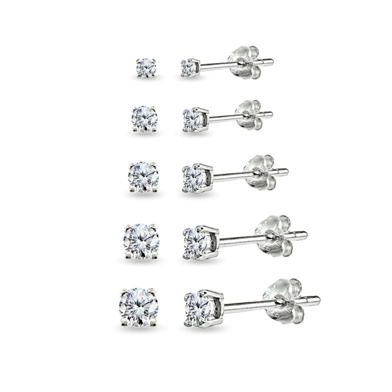 5 Pair Set Sterling Silver Cubic Zirconia Round Stud Earrings, 2Mm 3Mm 4Mm 5Mm 6Mm