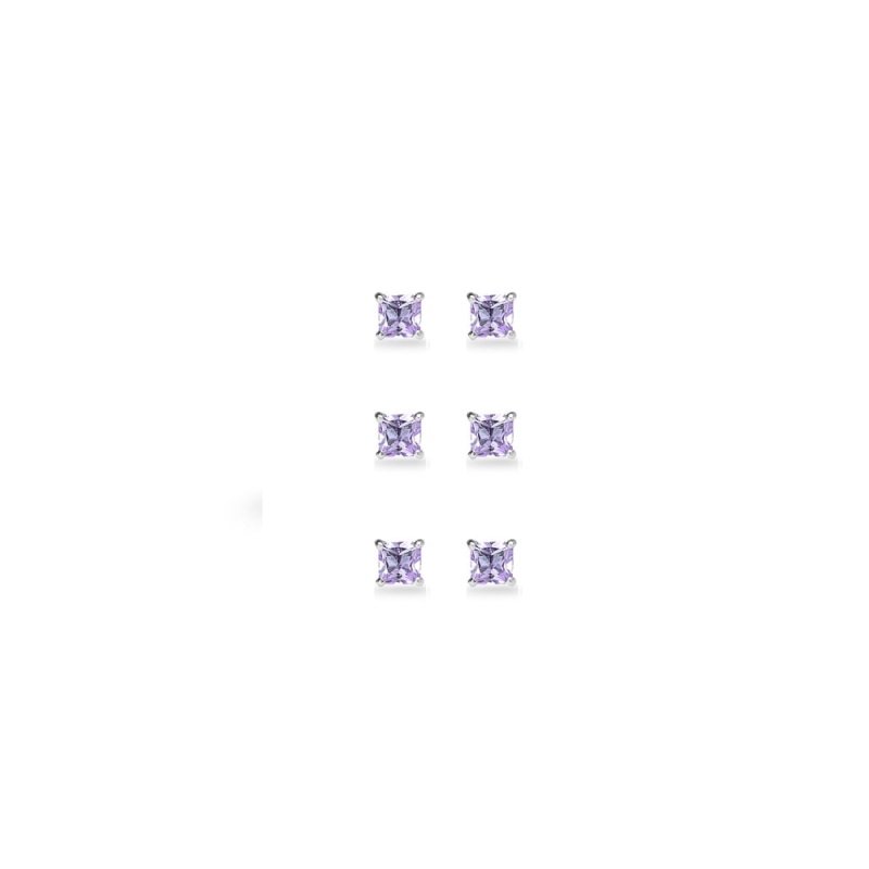 3-Pair Set Sterling Silver Amethyst Princess-Cut 3Mm Square Stud Earrings