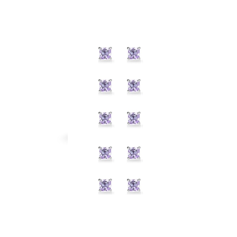 5-Pair Set Sterling Silver Amethyst Princess-Cut 3Mm Square Stud Earrings