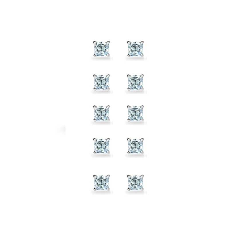 5-Pair Set Sterling Silver Blue Topaz Princess-Cut 4Mm Square Stud Earrings