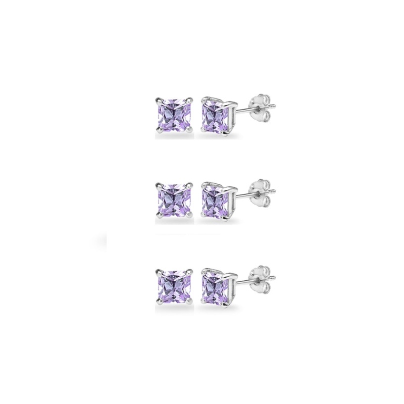 3-Pair Set Sterling Silver Amethyst Princess-Cut 5Mm Square Stud Earrings