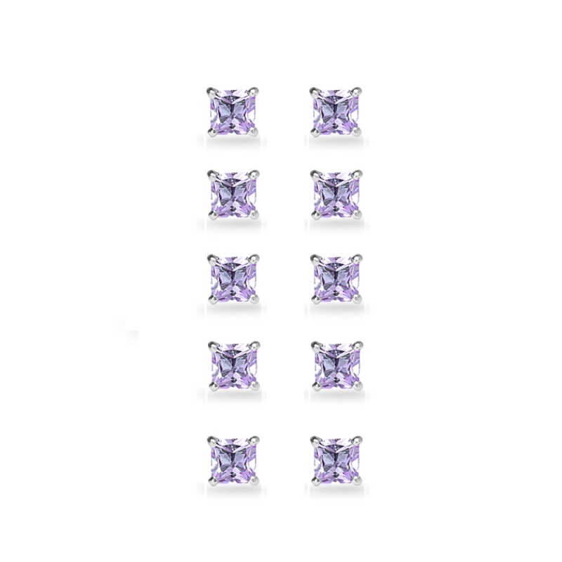 5-Pair Set Sterling Silver Amethyst Princess-Cut 5Mm Square Stud Earrings