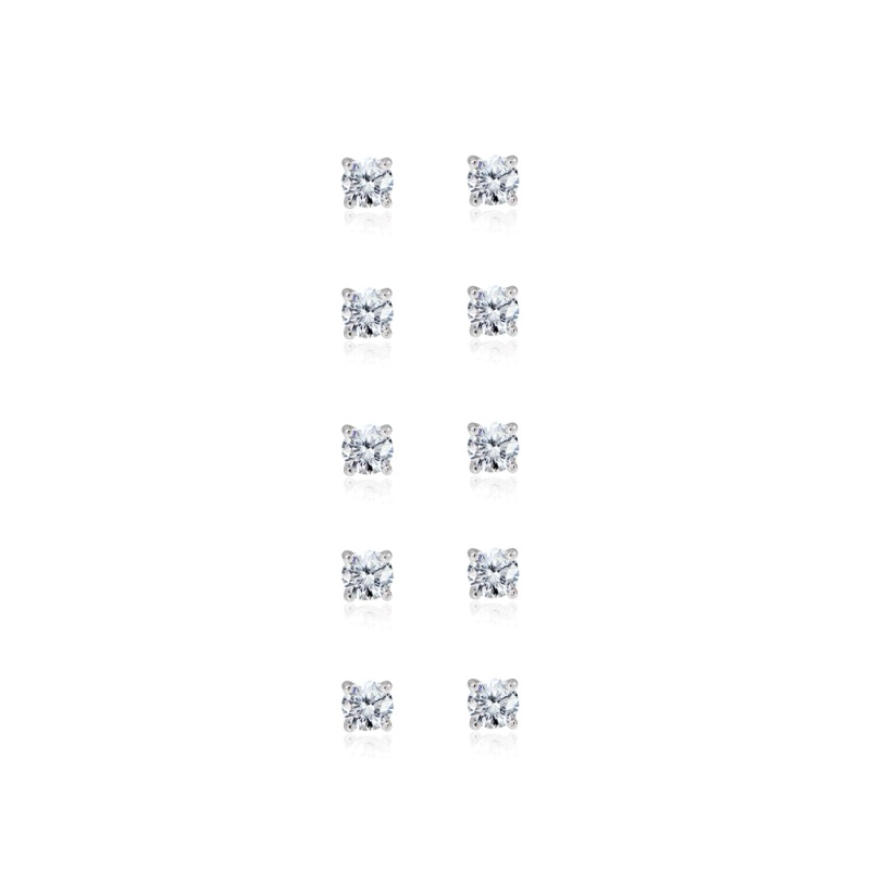 5-Pair Set Sterling Silver Cubic Zirconia 3Mm Round Stud Earrings