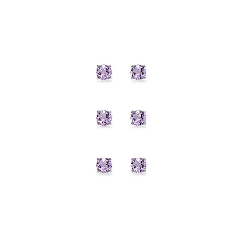 3-Pair Set Sterling Silver Amethyst 4Mm Round Stud Earrings