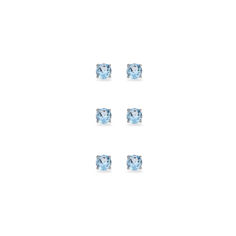 3-Pair Set Sterling Silver Blue Topaz 4Mm Round Stud Earrings