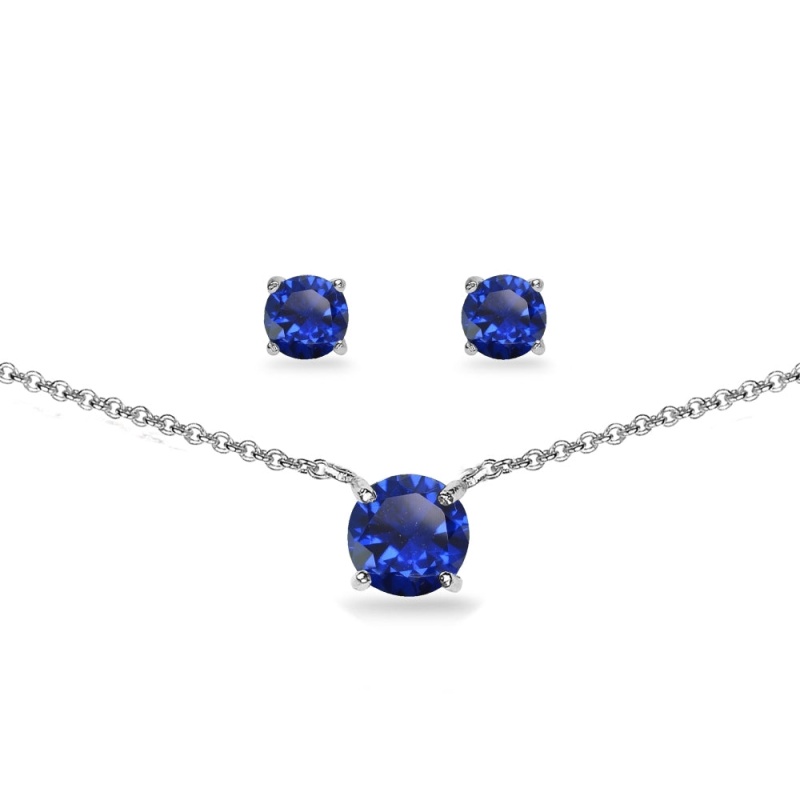 Sterling Silver Created Blue Sapphire Round Solitaire Choker Necklace And Stud Earrings Set