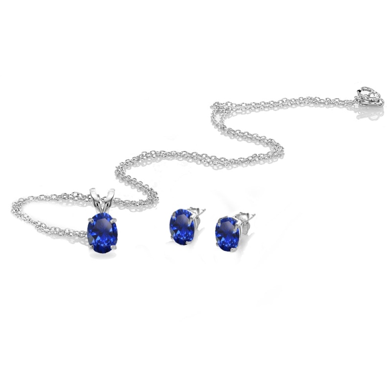 Sterling Silver Created Blue Sapphire Oval-Cut Solitaire Necklace And Stud Earrings Set